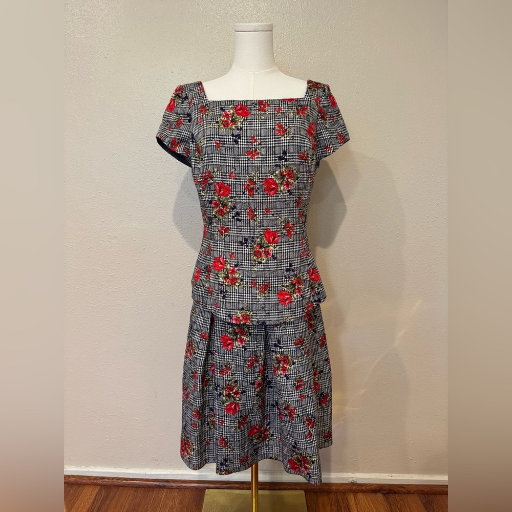 Oscar de la Renta Red Floral Houndstooth Midi Dress